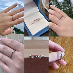 four different pictures of rings and jewelry in their hands, one with a diamond ring on it