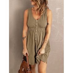 Season:Summer,Spring; Fabric:Polyester; Sleeve Length:Sleeveless; Look After Me:Machine wash; Gender:Women's; Style:Basic,Modern; Elasticity:Inelastic; Occasion:Daily,Weekend; Fit Type:Loose Fit; Dresses Type:Casual Dress,Tank Dress; Pattern:Plain; Design:Buttons; Neckline:V Neck; Front page:FF; Listing Date:05/03/2024; Production mode:External procurement; Bust:; Length:; Shoulder Width:; Waist:; Dress Length Type:Mini Dress; Print Type:non-printing Casual Dress Patterns, Magic Dress, Grey Light, Button Down Dress, Button Dress, Sleeveless Mini Dress, Outfit Casual, Fashion Colours, Grey Blue