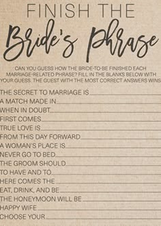 the bride's phrase is written in black on brown paper