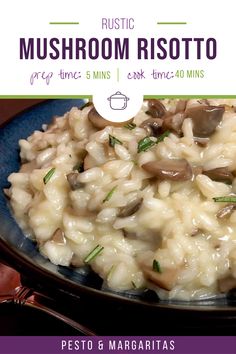 mushroom risotto on a blue plate with silverware