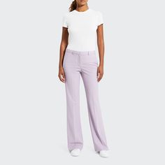 Theory "Demitria" Good Wool pants. Approx. measurements:  35" inseam; 22" leg opening; 10" front rise; 15" back rise, size 8. Mid rise; darts at back. Side slip pockets; back welt pockets. Fitted through straight legs. Full length hem. Hook/zip fly; belt loops. Wool/spandex. Care note:  Do not wash, bleach, or tumble dry. Cool iron if needed. Dry clean with any solvent except trichloroethylene. Imported. Fitted Elastane Pants With Welt Pockets, Fitted Elastane Straight Leg Pants, Fitted Straight Leg Elastane Pants, Stretch Wide Leg Full-length Pants With Welt Pockets, Fitted Wide-leg Spring Work Pants, Fitted Wide-leg Work Pants For Spring, Fitted Wide Leg Pants With Welt Pockets, Fitted Wide Leg Work Pants, Fitted Wide Leg Elastane Pants For Spring