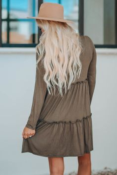 Long Sleeve Ruffled Solid Swing Mini Dress Flowy Long Sleeve Ruffle Dress With Ruffle Hem, Fall Tiered Dress With Ruffle Hem, Tiered Ruffle Midi Dress For Fall, Tiered Midi Dress With Ruffles For Fall, Fall Tiered Midi Dress With Ruffles, Casual Long Sleeve Ruffle Dress For Fall, Flowy Ruffled Mini Dress For Fall, Flowy Long Sleeve Tiered Dress With Ruffles, Casual Flowy Ruffle Dress For Fall