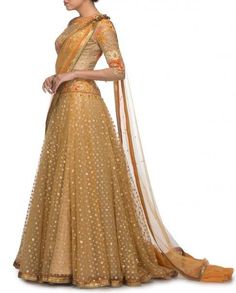 Golden Lehenga Choli Replica from Tarun Tahiliani Collection Lehenga Belt, Golden Lehenga, Golden Colour, Tarun Tahiliani, Net Fabric, Anarkali Dress, Thread Work, Golden Color, Lehenga Choli