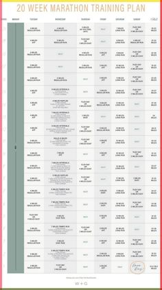 the 20 week marathon training plan is shown in red and green with an orange border