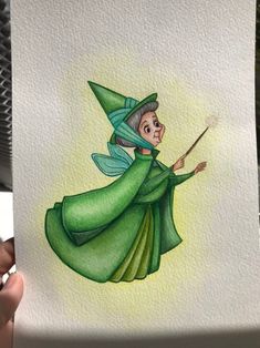 a drawing of a wizard flying through the air with a wand in her hand and wearing a green dress