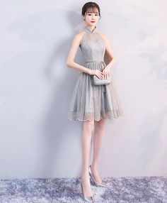 Gray Homecoming Dress, High Neck Short Dress, Grey Homecoming Dress, Promotion Dresses, Short Paragraph, Banquet Party, Custom Size Dresses, Short Prom Dress, Short Prom