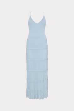 This incredibly soft and stretchy ribbed knit dress is lined to the mid thigh and has an attached, elongated semi sheer ruffle skirt with rows of delicate stitching. It’s offered in ecru and light blue. Cami Midi Dress, Sheer Knit, Blue Summer Dresses, Ribbed Knit Dress, Maxi Dress Cocktail, Dress Inspo, Dress Xl, Denim Coat Jacket, Blue Midi Dress