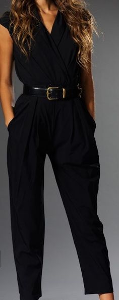 The Jumpsuit | Our black jumpsuit has a cap sleeve and a hint of stretch.  Looks great belted. | Clothes Minded - Phoenix, AZ Work Attire, Outfit Casual, Black Jumpsuit, Work Fashion