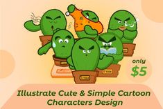 a bunch of green plants sitting on top of each other with the words, illustrated cute and simple cartoon characters design