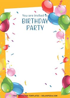 a birthday party card with balloons and confetti on the bottom, in blue and yellow