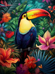 a painting of a toucan on a branch surrounded by tropical flowers and leaves