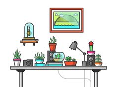 a table with potted plants on it in front of a wall hanging above the desk