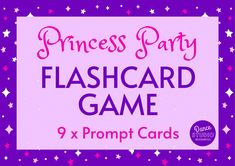 the princess party flashcard game is available for $ 9 and has pink stars on it