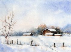 a watercolor painting of a snowy farm scene