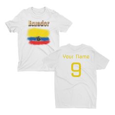 - Custom Ecuador Soccer T Shirt: This soccer tshirt features an Ecuador graphic on the front, and you can also customize the back with your own name and number! It is perfect for any Ecuadorian fan for either watching your favorite team or playing in a tournament with your team. - Comfortable Combed Cotton Material: Our Ecuador shirts are made with combed cotton, giving you a comfortable feel and fit. They also feature side seams, which provide a structured fit and are perfect for both men and w Customizable White T-shirt For Team Events, White T-shirt With Sublimation Print For Fans, Crew Neck T-shirt With Name Print For Fans, White Sports Fan T-shirt With Custom Print, Sports Fan Apparel T-shirt With Custom Print, Custom Print T-shirt For Sports Events, Customizable White Fan Apparel T-shirt, Customizable White T-shirt For Sports Events, Customizable Team Spirit T-shirt With Sublimation Print