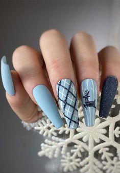 Nail Art Bleu, Nail Art Noel, Festive Nails, Blue Coffin Nails, Winter Nail Designs