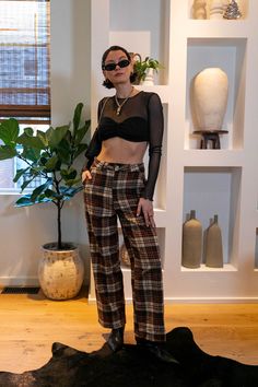 Girly Grunge Outfits, Patterned Pants Outfit, Girly Grunge, Plaid Pants Outfit, Plaid Pant, Lace Tube Top, Patterned Pants, Satin Crop Top, Hacks Clothes