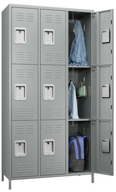 a large gray locker with two doors open