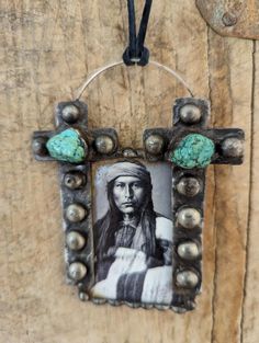 "Pendant necklace with a copy of a vintage photo behind glass mirrored by 2 crosses with authentic chunks of turquoise. This piece is soldered and is one of a kind is one of a kind.  It comes on a black adjustable leather cord and measures 4 \" long and 3.25\" W." Handmade Turquoise Cross Necklace Spiritual, Handmade Spiritual Turquoise Cross Necklace, Gilbert Arizona, Gilbert Az, Class Ideas, Vintage Photo, Turquoise Pendant, Arm Candy, Jewelry Diy