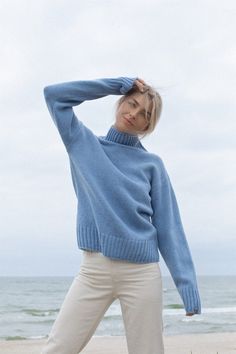 "Warm merino and cashmere wool top is a reasonable gift for people who loves classic & sustainable fashion. Hand knitted well made sweater is every woman's helper when you don't have a time to choose your outfit. Super soft merino and cashmere wool yarns sweater will look perfectly & stylish with jeans or skirt. Full length sleeves, cosy neck feels like second skin. Simplicity is the key. Ethically made & designed in Wool House studio, Lithuania Composition: 85% merino wool, 15% cashmere wool. M Blue Merino Wool Turtleneck Sweater, Winter Merino Wool Turtleneck, Blue Cashmere Turtleneck Sweater, High Neck Fine Knit Merino Wool Sweater, High Neck Cashmere Turtleneck, Blue Sweater Outfit, High Neck Jumper, Yarn Sweater, Woolen Sweaters