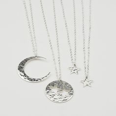 "Generations necklace set. Grandmother Mother Two Granddaughter necklaces. This set comes with one grandmother necklace, one mother necklace and two granddaughter necklaces. The four necklaces will arrive in a nice gift box. If you prefer the necklaces be shipped in an individual box, please let me know. Grandmother's necklace: The moon pendant is about 1.25\"sterling silver, 14K gold filled or 14K rose gold filled. Sterling silver, 14K gold filled or 14K rose gold filled chain, It is 20\". Moth Moon And Stars Necklace, Grandmother Necklace, Granddaughter Necklace, Stars Necklace, Gold Heart Bracelet, Mother Necklace, Mother Daughter Necklace, Daughter Necklace, Mothers Necklace