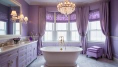 a bathroom with purple walls and curtains, a chandelier above the bathtub