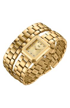 A total of 12 lab-created diamond markers illuminate the rectangular dial of this 18-karat gold-plated bracelet watch that wraps and wraps around your wrist. 23mm case Total lab-created-diamond weight: 0.02ct. Swiss quartz movement Mineral crystal face Stainless steel or stainless steel with 18k-gold plate/lab-created diamond Imported >Diamond Guide Gold Watches With Jubilee Bracelet And Rectangular Dial, Gold Rectangular Watch With Jubilee Bracelet, Modern Gold Diamond Watch With Bracelet Strap, Gold Diamond Watch With Rectangular Dial, Modern Gold Rectangular Diamond Watch, Gold Diamond Watch With Rectangular Case, Gold Diamond Watch With Rectangular Shape, Gold Diamond Watch With Rectangular Face, Pave Bangle