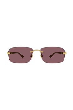 A narrow rectangular frame defines this pair of sunglasses in gold-toned metal, recalling popular styles from the '90s. A Web enamel detail and the Interlocking G feature along the temples, completing the silhouette with archival references. 100% UV Protection Frame height: 3.6cm Frame Width: 13.9cm Temple length: 140mm Lens height: 35.9mm Nose bridge length: 16mm Frame Material: Metal Gucci Square Frame Metal Sunglasses, Gucci Gold Rimless Sunglasses, Popular Styles, Metal Sunglasses, Nose Bridge, Gucci Men, Popular Style, Gold Tone Metal, Uv Protection