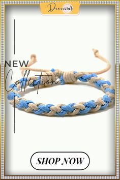 two blue and white braided bracelets with the words new collection shop now on it