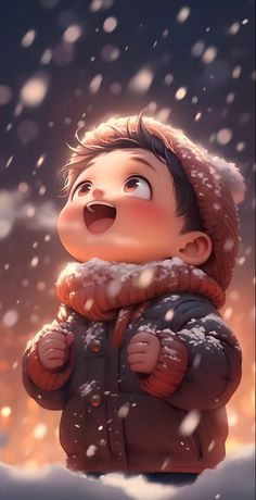 a little boy standing in the snow with his mouth open and looking up at something