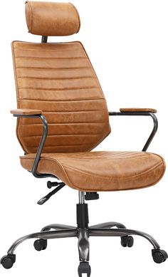 an office chair with leather upholstered seat and armrests, viewed from the front