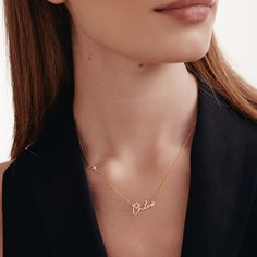 "1- P R O D U C T ∙  D E S C R I P T I O N This 14K Solid Gold Custom Name Necklace with Sideways Cross is a unique piece of jewelry, perfect for expressing personal faith and style. Ideal for women, it offers a chic, minimalist design that complements any outfit. A personalized gift that's both meaningful and stylish, it's made of 14K real gold, promising lasting shine and durability. 2- P R O D U C T ∙ D E T A I L S Gold material: 14K solid gold Choice of gold color: Yellow gold, Rose gold, White gold Choice of chain length: 14\", 16\", 18\", 20\" Dimensions: *Pendant Height: 10.32 mm / 0.40 in *Pendant Width: 21.90 mm / 0.86 in 3- S H I P P I N G ∙ A N D ∙ R E T U R N S We know you're excited to get your hands on your order, and we're just as excited to get it in your hands. We take pri Personalized 14k Gold Jewelry For Everyday Luxury, Luxury Sterling Silver Name Necklace For Formal Occasions, Luxury Sterling Silver Name Necklace For Formal Events, Gold Diamond Name Necklace, Formal Yellow Gold Name Necklace With Diamond, Elegant White Gold Name Necklace With Polished Finish, Formal Yellow Gold Diamond Name Necklace, Luxury White Gold Name Necklace, 14k Yellow Gold Name Necklace With Clavicle Chain