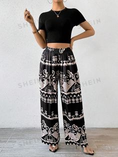 Bohemian Black Pants, Casual Boho Print Wide Leg Harem Pants, Casual Wide Leg Boho Print Harem Pants, Bohemian High Waist Harem Pants For Beach, Bohemian Non-stretch Bottoms With Boho Print, Bohemian Wide-leg Harem Pants, Bohemian Ankle-length Summer Pants, Summer Bohemian Ankle-length Pants, Bohemian Black Harem Pants For Beach