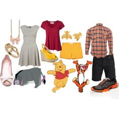 a couple of different outfits and shoes on a white surface with winnie the pooh