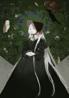 a painting of a woman with long white hair and black dress standing in front of blue flowers