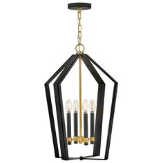 a black and gold hanging light fixture with five candles in the center, on a white background