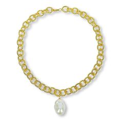 Connie Craig Carroll Jewelry Savannah Baroque Cultured Pearl Necklace Beautiful baroques, like the pretty cultured pearl you'll spy in this necklace, have an irresistible irregularity that shows off their free-spirited charm. No wonder this necklace gives outfits a fresh and modern touch that just glows.         Necklace approx. 20"L x 1/2"W     Drop approx. 1-1/4"L x 3/4"W     Goldtone; polished finish     Textured oval-link chain: lobster-claw clasp    Stone Information       All sizes and weights approximate     White Cultured Freshwater Pearl: Baroque freeform (23mm) Cultured Pearl Necklace, Color Bands, Black Friday Deals, Jewelry Show, Free Spirit, Baroque Pearls, Free Jewelry, Savannah Chat, Freshwater Pearls