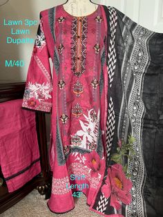 Stitched & Ready to wear LAWN 3 piece- Plain Lawn Shalwar with elastic waist, Embroidered Lawn Kameez; Printed CHIFFON Dupatta with 4 sides pico. Color- Multi. Very comfortable, Soft and pretty regular/casual wear suit. Size- Medium, Bust- 40", Shirt Length-43", Shalwar Length-39" (approximately) 👉🏼Color may slightly vary due to lighting sources/camera resolution or your monitor settings.  👉🏼Shalwar design may not be exactly the same as picture. Please send me a message If you want full measurements. Fabric quality, embroidery and stitching quality is very good. These are the actual pictures of the dress the buyer will receive in the mail. So buy with confidence. From a pet/smoke free, clean and oder free environment. Don't forget to see my other listings for more beautiful items! :) T Pink Sets With Embroidered Border For Eid, Fitted Unstitched Suit With Embroidered Border And Long Sleeves, Pink Embroidered Border Sets For Eid, Spring Semi-stitched Unstitched Suit With Embroidered Border, Semi-stitched Unstitched Suit With Embroidered Border For Spring, Spring Unstitched Suit With Embroidered Border, Pink Cotton Traditional Wear With Embroidered Border, Fitted Cotton Sets With Embroidered Border, Fitted Cotton Unstitched Suit With Dabka Detail