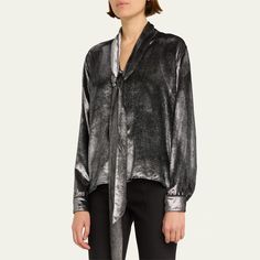 Libertine "Sterling" slim keith metallic blouse  Self-tie scarf neckline Long sleeves; button cuffs  Hip length  Relaxed fit  Viscose/silk Dry clean Made in USA Slim Keith, Metallic Blouses, Tie Scarf, Tie Blouse, Bergdorf Goodman, Hip Length, Made In Usa, Tops Designs, Dry Clean