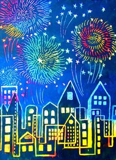 fireworks in the sky over a city skyline with buildings and skyscrapers painted on it