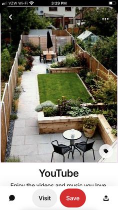 small backyard garden with table and chairs