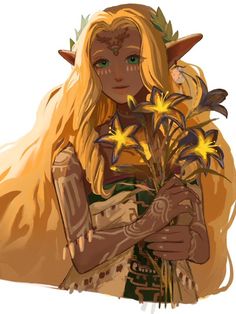 a woman with long blonde hair and green eyes holds flowers in her hands while wearing an elf costume