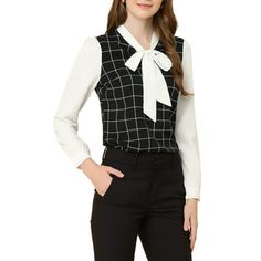 A smooth chiffon staple shirt makes a lightweight statement with a contrasting grid patterning it. A gracefully fluid blouse top adds charm with a bowtie finishing the neck for a look that is both chic and elegant. Light-yet-cozy chiffon in genial plaid delivers timeless, workwear-inspired appeal. The plaid top from Allegra K is an easy option for weekdays and weekends. A loose-fitted T-shirt printed with a grid design, the blouse is completed with contrast sleeves that provide a fun finish. Siz Chic Plaid Tops For Office, Spring Office Plaid Shirt, Black Office Lady Blouse For Workwear, Formal Black Office Lady Blouse, Black Office Lady Top For Workwear, Black Office Lady Blouse For Work, Office Lady Black Blouse For Office, Black Office Lady Blouse, Plaid Long Sleeve Blouse For Office