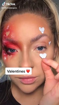 Hearts On Face Makeup, Valentine Makeup Creative, Heart Skull Makeup, Valentines Creative Makeup, Valentines Sfx Makeup, Valentine’s Day Makeup Creative, Valentines Makeup Ideas Creative, Cupid Makeup Halloween, Heart Make Up