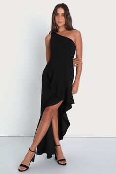 Black Maxi Dress - Black Ruffled Maxi - One-Shoulder Maxi Dress - Lulus Charming Personality, Asymmetrical Maxi Dress, Black One Shoulder Dress, Maxi Skirt Style, Single Wide, Lulu Fashion, Formal Dresses Gowns, Graduation Outfit, Mermaid Fashion