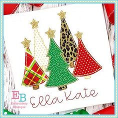 three christmas trees on a card with the words elea kate in gold and red