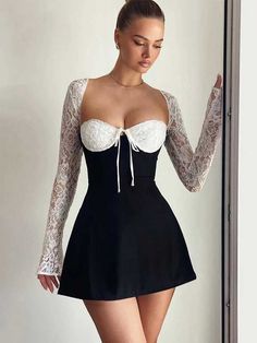 Item Types: Mini dresses for women, women's mini dress, women's mini dress, mini party dress with sleeves​​​​Neckline: SweetheartDresses Length: Above Knee, MiniClosure Type: PulloverElasticity: MediumFit Type: A-LineWaistline: NaturalDetail: Lace-Up Bow, Cut Out, BacklessPattern Type: Solid, FloralSleeve Style: Flare Lace SleeveSleeve Length: LongMaterial: PolyesterMaterial: Spandex Fitted Backless Mini Dress For Brunch, Fitted Linen Mini Dress For Brunch, Brunch Bodycon Mini Dress, Bodycon Mini Dress For Brunch, Fitted Above Knee Spring Dress, Fitted Above Knee Mini Dress For Party, Stretch Mini Skirt Evening Dress, Fitted Mini Dress For Party, Above Knee, Flirty Stretch Mini Skirt Dress