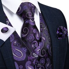 Purple and Black Paisley Jacquard Vest Set – Sophisticated Gentlemen Purple Suits, Vest Set, Pocket Square, Necktie, Purple And Black, Special Event, Special Events, Neck Tie, Cufflinks