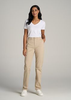 About Our High Rise Tapered Chino Pants for Tall Women Say hello to the perfect chino pants for tall women. It’s hard to find any clothes when you have extra-long legs, especially wardrobe staples. That’s why we’ve created these chinos intentionally for ladies from 5’9 to 6’6. With multiple inseams to choose from, you can finally get the length that’s right for you, without all of the extra fabric you normally find in a long pant. These tall women’s pants are a true foundation piece with their p Cotton Tapered Leg Work Pants, Fitted Beige Pants For Everyday, Fitted Casual Chinos For Workwear, Casual Fitted Full-length Chinos, Spring Workwear Chinos Full Length, Spring Workwear Full-length Chinos, Relaxed Fit Full Length Chinos For Work, Mid-rise Cotton Dress Pants For Work, Everyday Cotton Chinos