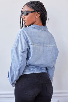 Trendy Cropped Denim Jacket For Streetwear, Trendy Cropped Denim Top With Pockets, Trendy Denim Cropped Jacket For Streetwear, Trendy Cropped Denim Top For Fall, Oversized Cropped Jacket With Pockets, Medium Wash Denim Cropped Jacket For Streetwear, Light Wash Relaxed Fit Denim Top For Streetwear, Relaxed Fit Cropped Jacket For Streetwear, Cropped Blue Denim Jacket For Streetwear